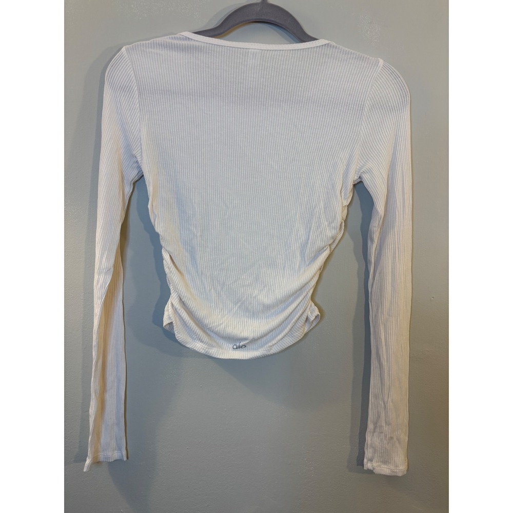 ALO Yoga White Ribbed Long Sleeve T Shirt M Ruched Sides - Picture 5 of 5